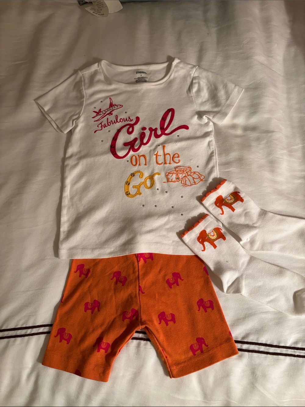 Gymboree White Top with Pink Script, Orange Shorts & White Socks Pajama Set